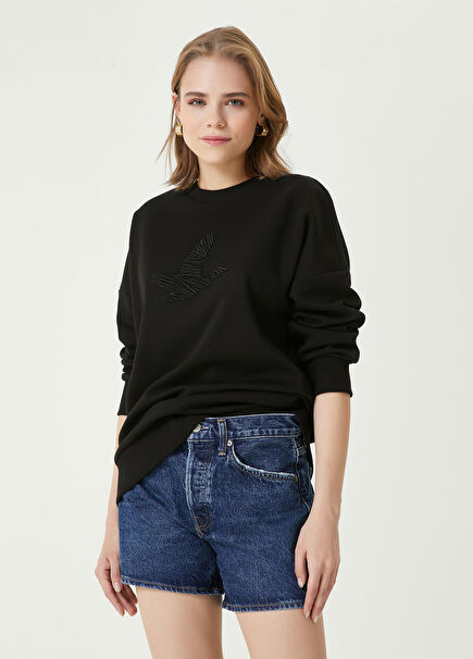 Siyah Karalama Kuş Nakışlı Sweatshirt