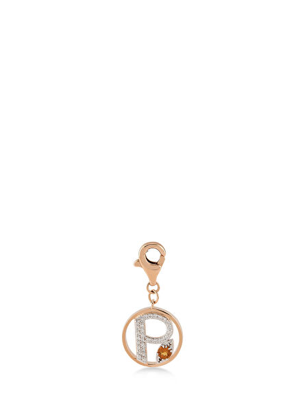 Mini “P” Harfli Charm Pırlanta Sitrin Taşlı 14 Ayar Pembe Altın