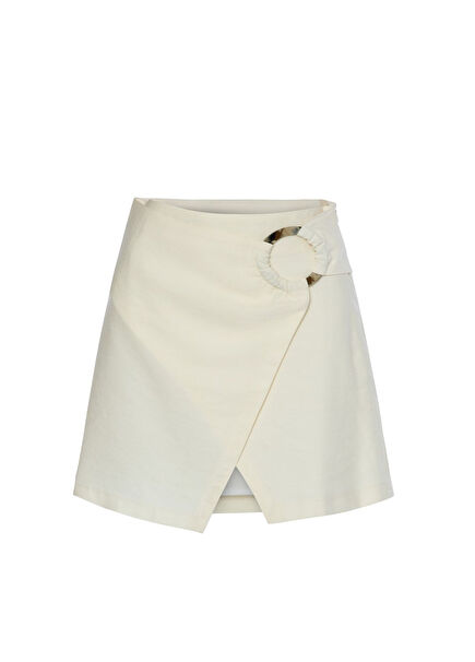 Yüksek Bel Tokalı Yırtmaçlı Ekru Kadın Mini Etek