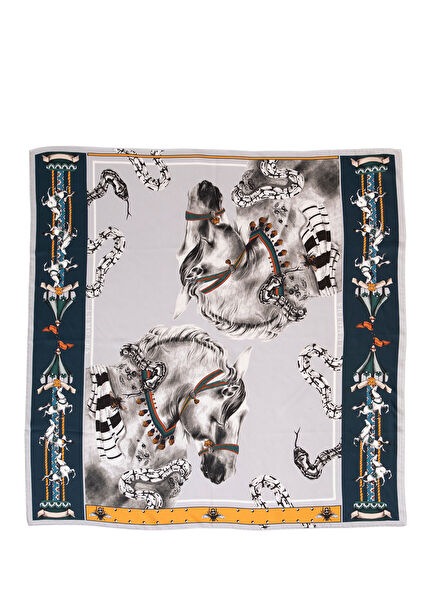 Delusion Atlar ve Yılanlar Gri İpek Twill Kadın Eşarp 90 cm