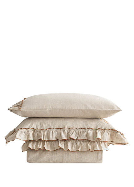 Latifa Nakışlı Bej Organik Pamuk Keten Çift Kişilik Nevresim Takımı 200 x 220 cm