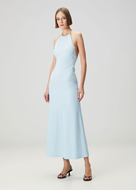 Mavi Taşlı Midi Elbise