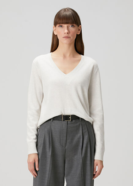White V-Neck Wool Sweater