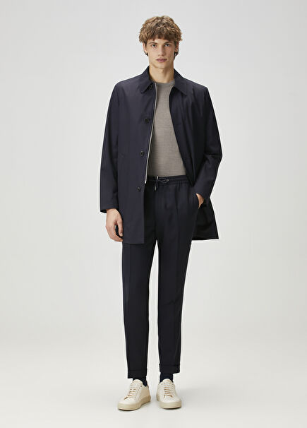 Navy Blue Waist Corded Pants Wool Pants