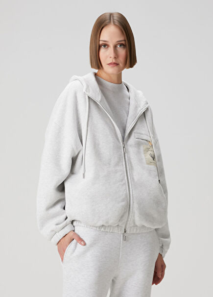 Gri Kapüşonlu Fermuarlı Sweatshirt