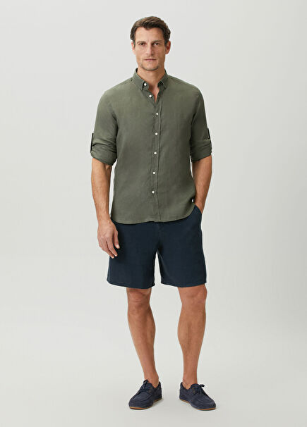 Navy Blue Linen Bermuda