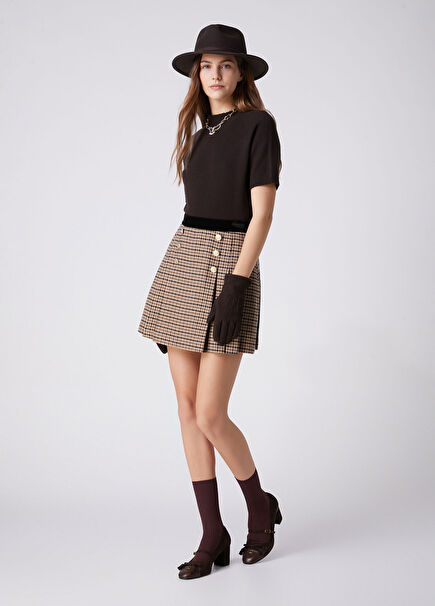 Camel Plaid Pleated Mini Skirt