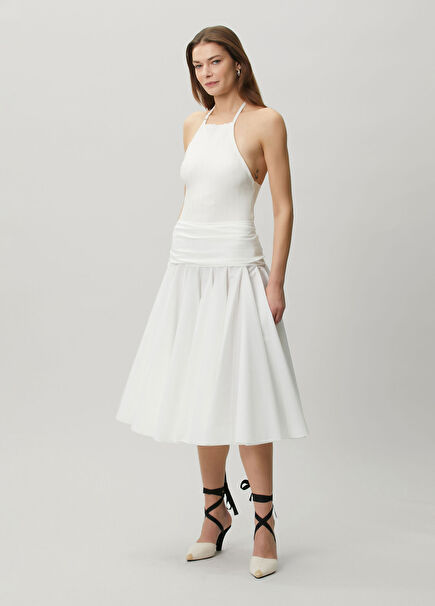 The Petticoat Beyaz Pileli Asimetrik Midi Etek