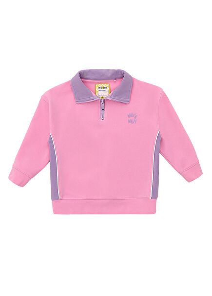 Dik Yaka Pembe Yarım Fermuarlı Kız Çocuk Sweatshirt