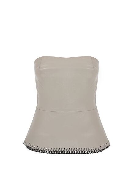 Open Mink Leather Chain Detailed Women's Bustier