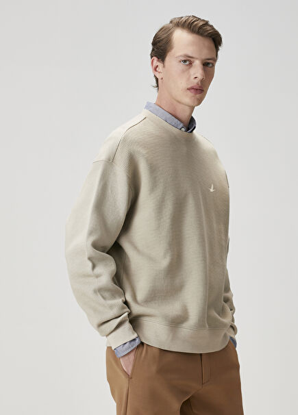 Koyu Bej Waffle Dokulu Oversize Sweatshirt