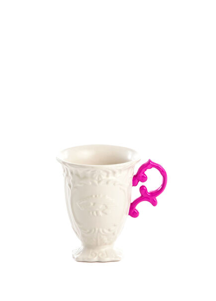 i-Wares Beyaz Porselen Fuşya Kulplu Kupa