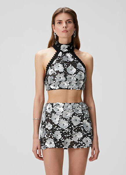 Black Sequined Crop Evening Blouse