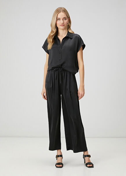 Siyah Beli Bağcıklı İpek Pantolon