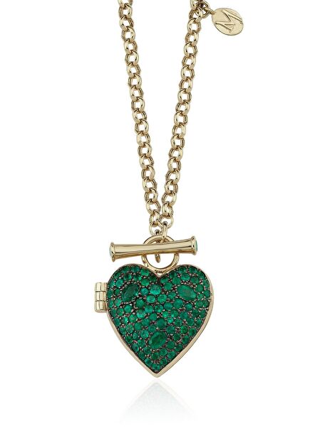 Heart Locket Emerald-Studded 14 Karat Gold Women's Necklace