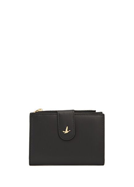 Siyah Metal Kuş Logolu Kadın Deri Küçük Cüzdan