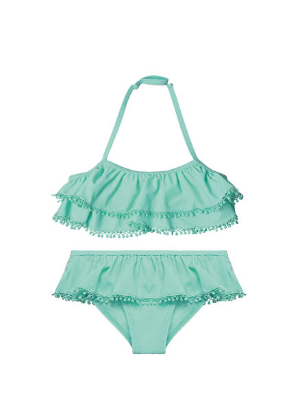 Yeşil Fırfırlı Boyundan Bağlama Kız Çocuk Bikini Takımı
