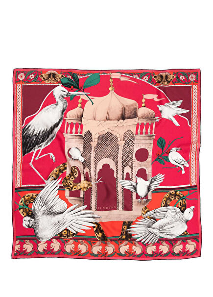 Miniature Palaced Birds & Pavilion Fuchsia Silk Twill Women's Shawl