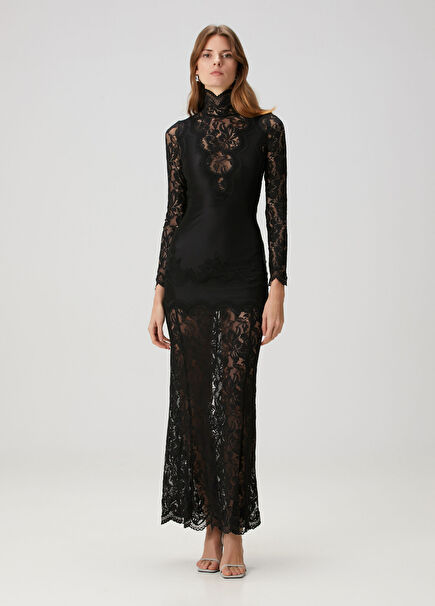 Siyah Dantelli Maksi Abiye Elbise