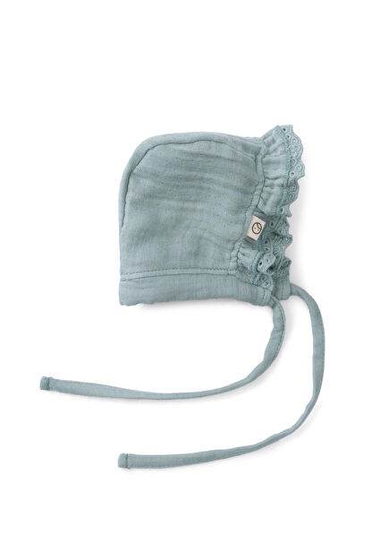 Yeşil Müslin Organik Pamuk Brodeli Dört Katlı Fırfırlı Unisex Bebek İngiliz Şapka