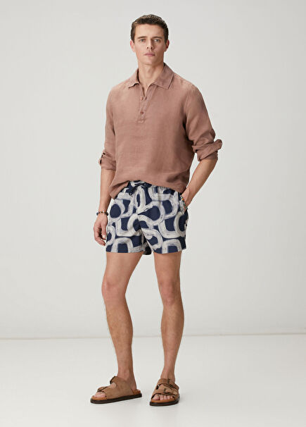 Navy Blue Patterned Short Swimsuit