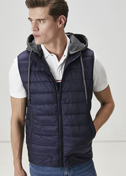 Navy Blue Jersey Hooded Puff Vest