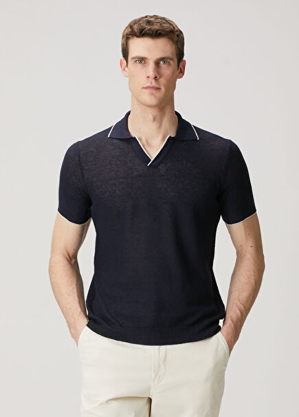 Lacivert Polo Yaka Kısa Kollu Keten Triko