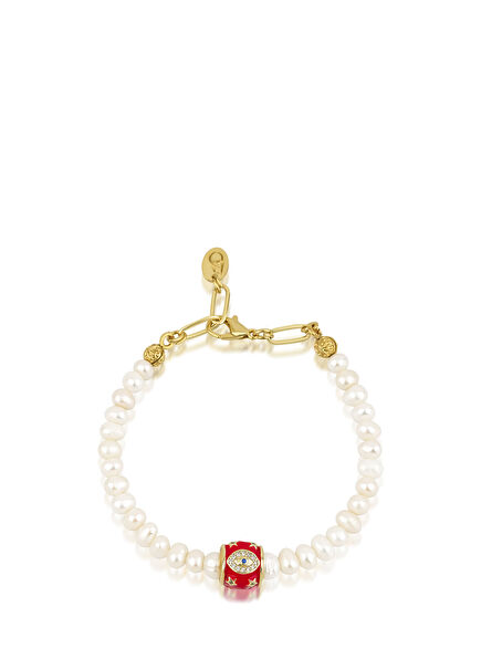 Pearl Galaxy İncili Kırmızı 14 Ayar Altın Kaplama Kadın Bileklik