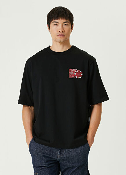 7 Baskı Detaylı Siyah Oversize Kısa Kollu Erkek T-Shirt