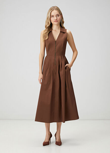 Brown Midi Taffeta Shirt Dress
