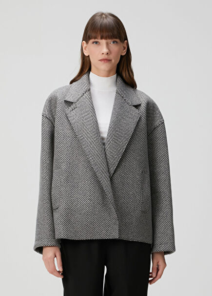 Black White Patterned Oversize Wool Coat