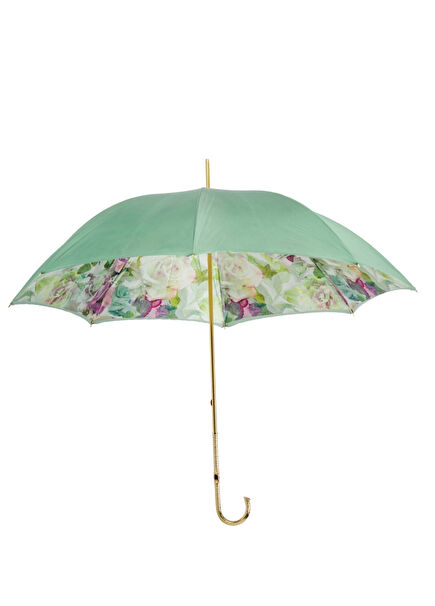 Yeşil ve Pembe Güller Desenli İşlemeli Pirinç Saplı Çift Katlı Şemsiye