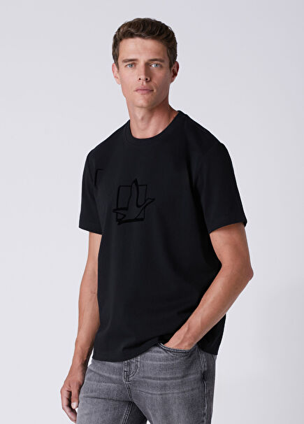 Relax Fit Siyah Kare Kaz Baskılı T-shirt
