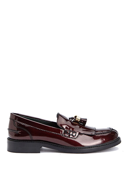 Bordo Püskül Detaylı Kadın Deri Loafer