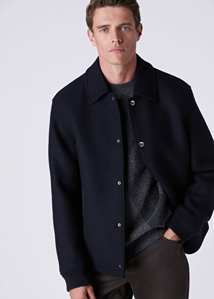 Navy Blue Diagonal Textured Wool Jacket