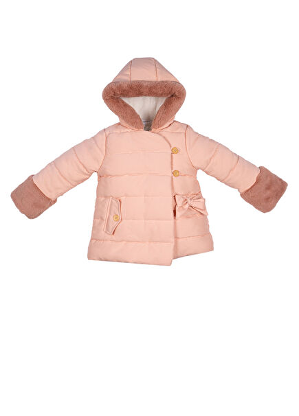 Pudra Kürk Detaylı Kapüşonlu Kız Çocuk Mont