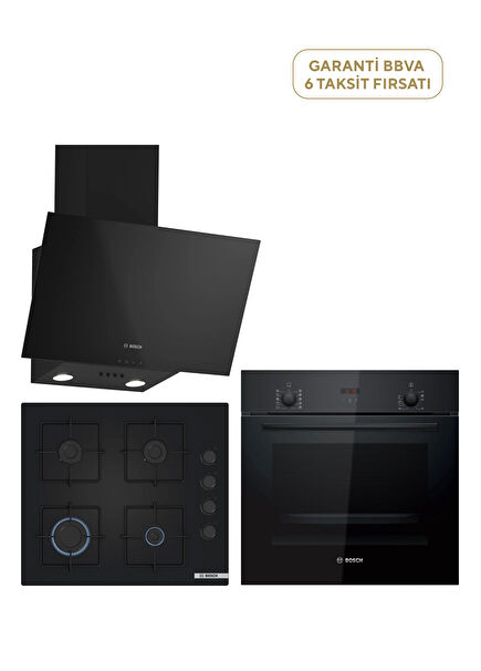HBF512BB1T Serie 2 Siyah Ankastre Fırın +  POP6C6P30O Serie 4 Siyah Gazlı Ocak + DWK63PJ60T Serie 2 Siyah Duvar Tipi Davlumbaz Ankastre Set