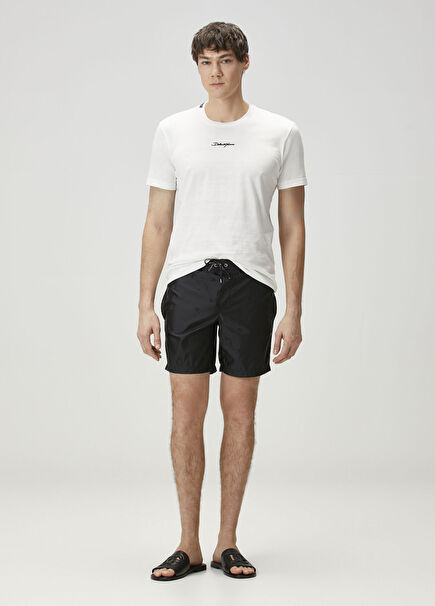 Black Waist Corded Logo Patterned Swimsuit