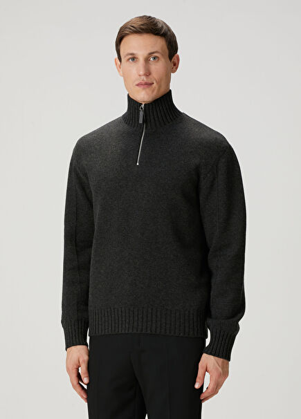 Grey Collar Zipper Wool Sweatshirt