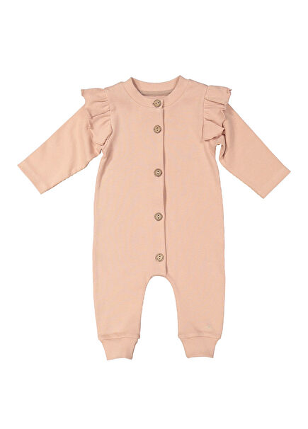 Pembe %100 Pamuk Uzun Kollu Fırfırlı Kız Bebek Tulum & Bandana 2'li Set