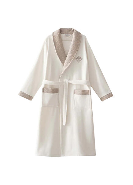 Mihra Embroidered Cream Color Organic Cotton Men's Bathrobe