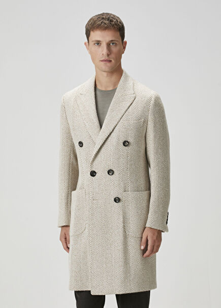 Beige Herringbone Wool Double-Breasted Coat