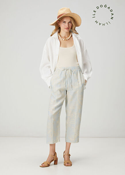 Mint Floral Desenli Slouchy Keten Pantolon