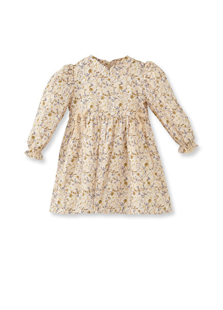 Çiçek Desenli Krem-Sarı Pamuklu Kurdeleli Kız Çocuk Elbise