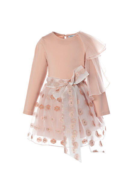 Pudra Tül Fırfırlı Bluz ve Etek Kız Çocuk 2'li Set