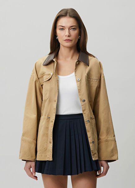 Camel Deri Yaka Detaylı Denim Ceket