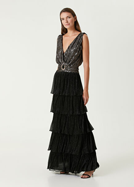 Dita Gold Embroidered Maxi Evening Dress