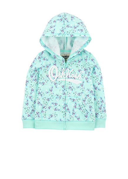 Çiçek Desenli Kapüşonlu Fermuarlı Kız Çocuk Sweatshirt