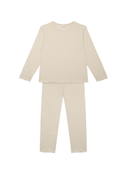 Krem Rengi Jakar Uzun Kollu Kız Çocuk Pijama Takımı