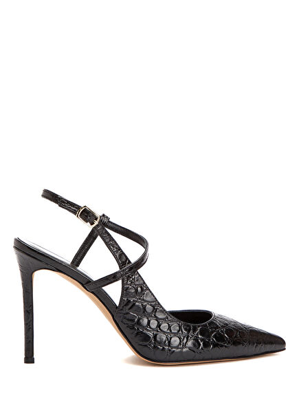 Siyah Kroko Detaylı Deri Stiletto